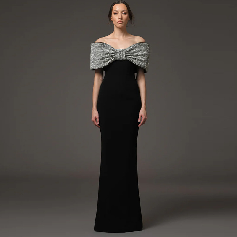 Crepe Off-The-Shoulder Silver Glitter Bow Mermaid Evening Gown