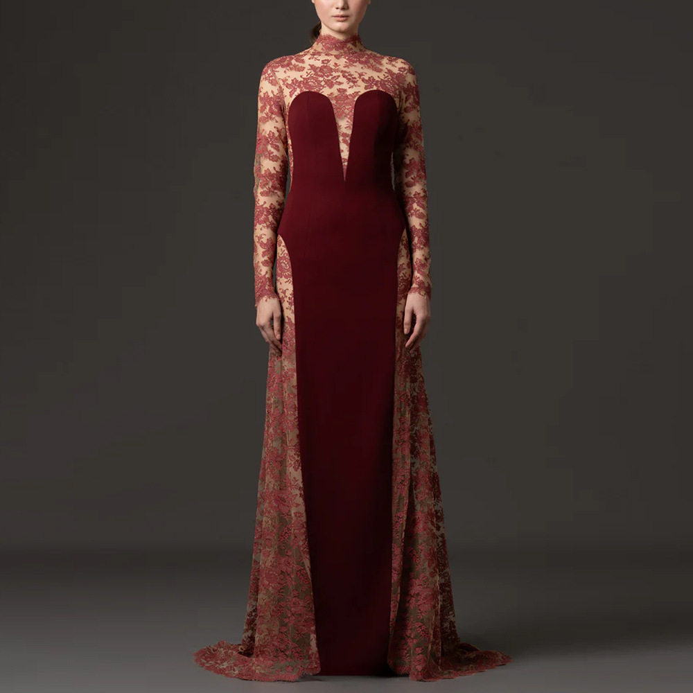 Burgundy Floral Lace High-Neck Long-Sleeve Mermaid Evening Gown