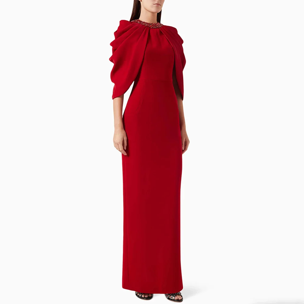 Crepe Beaded High-Neck Cape-Sleeve Column Evening Gown