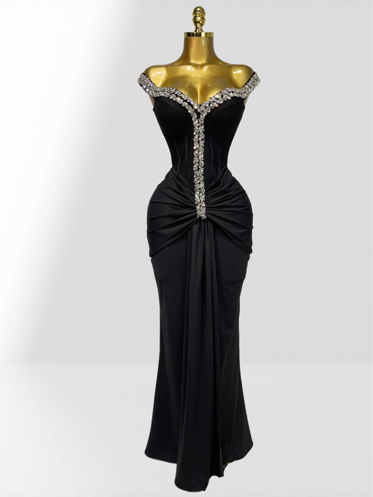 Black Off-The-Shoulder Crystal Beaded Mermaid Evening Gown