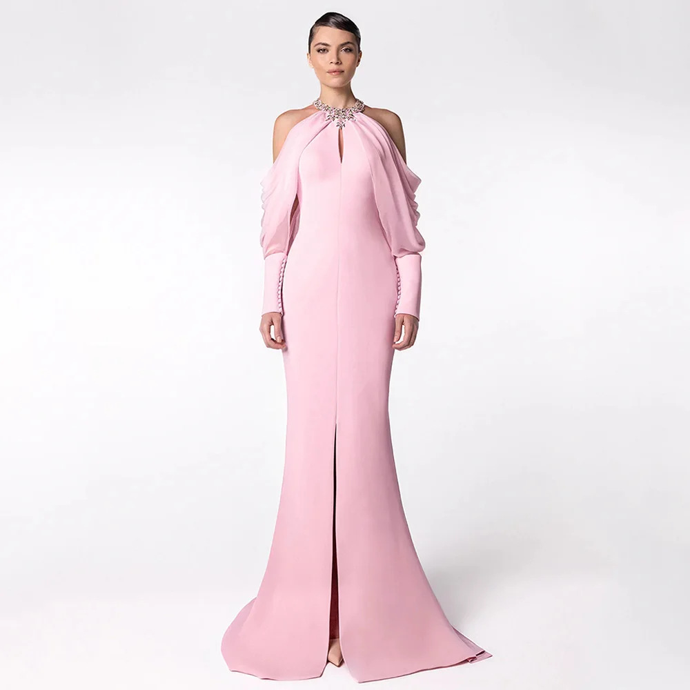 Crystal Halter Cold-Shoulder Draped Sleeve Mermaid Evening Gown