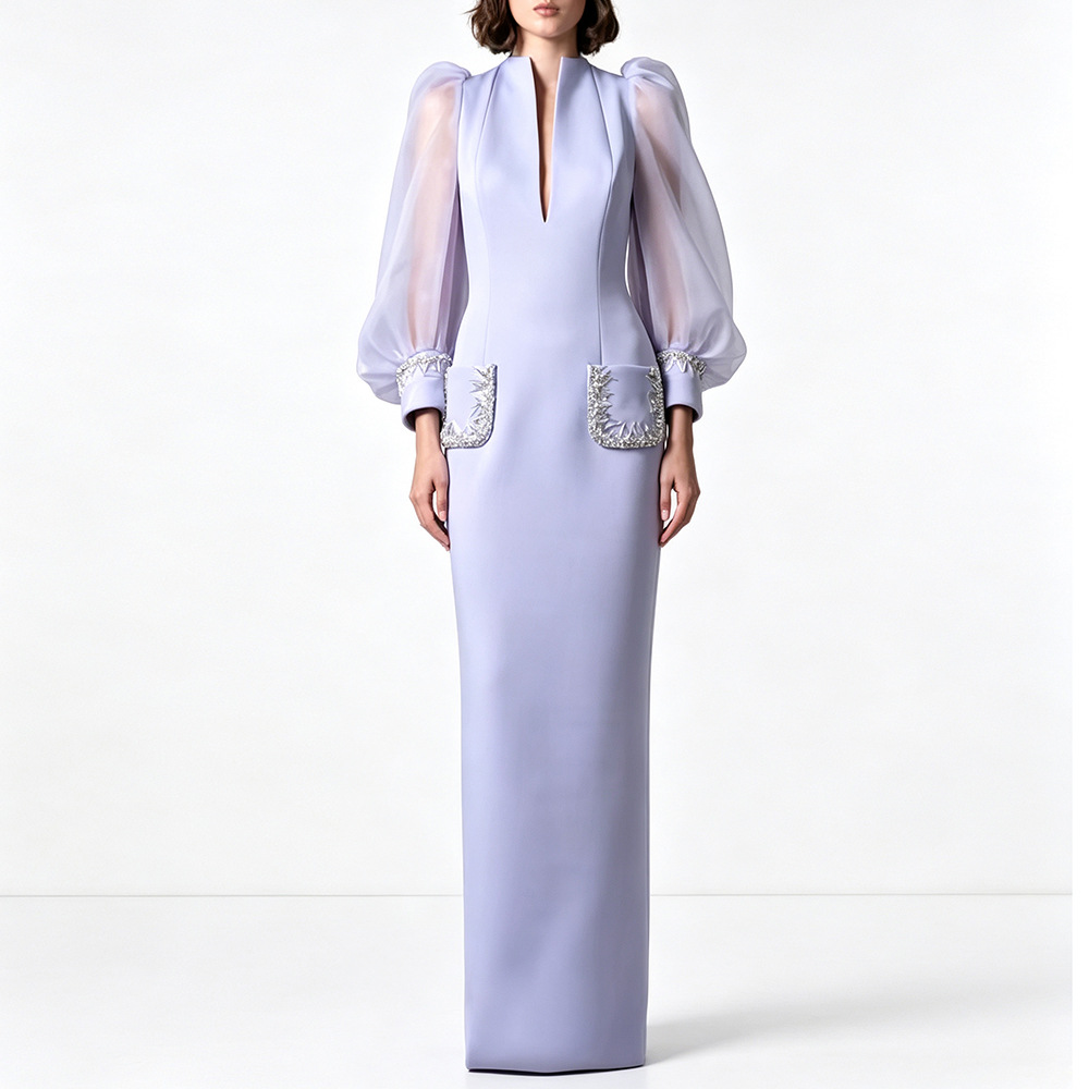 Lavender Organza Puff-Sleeve Crystal-Trim Pocket Column Maxi Evening Gown