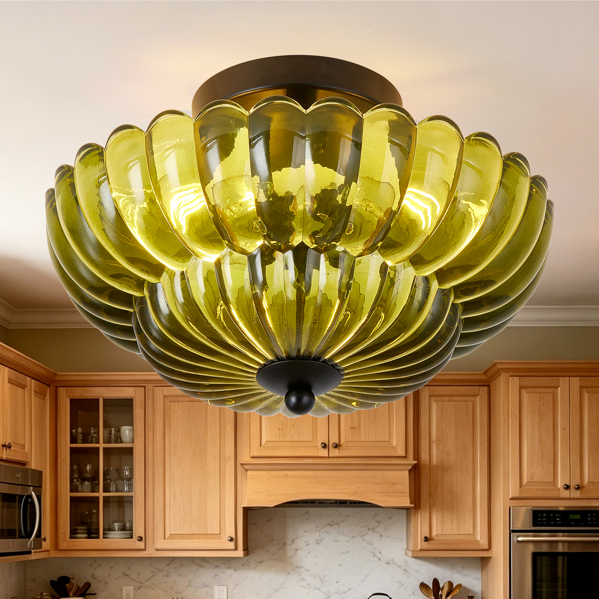 Semi Flush Mount Ceiling Light, Green Glass Ceiling Light Fixture, 3-Bulb Modern Black…