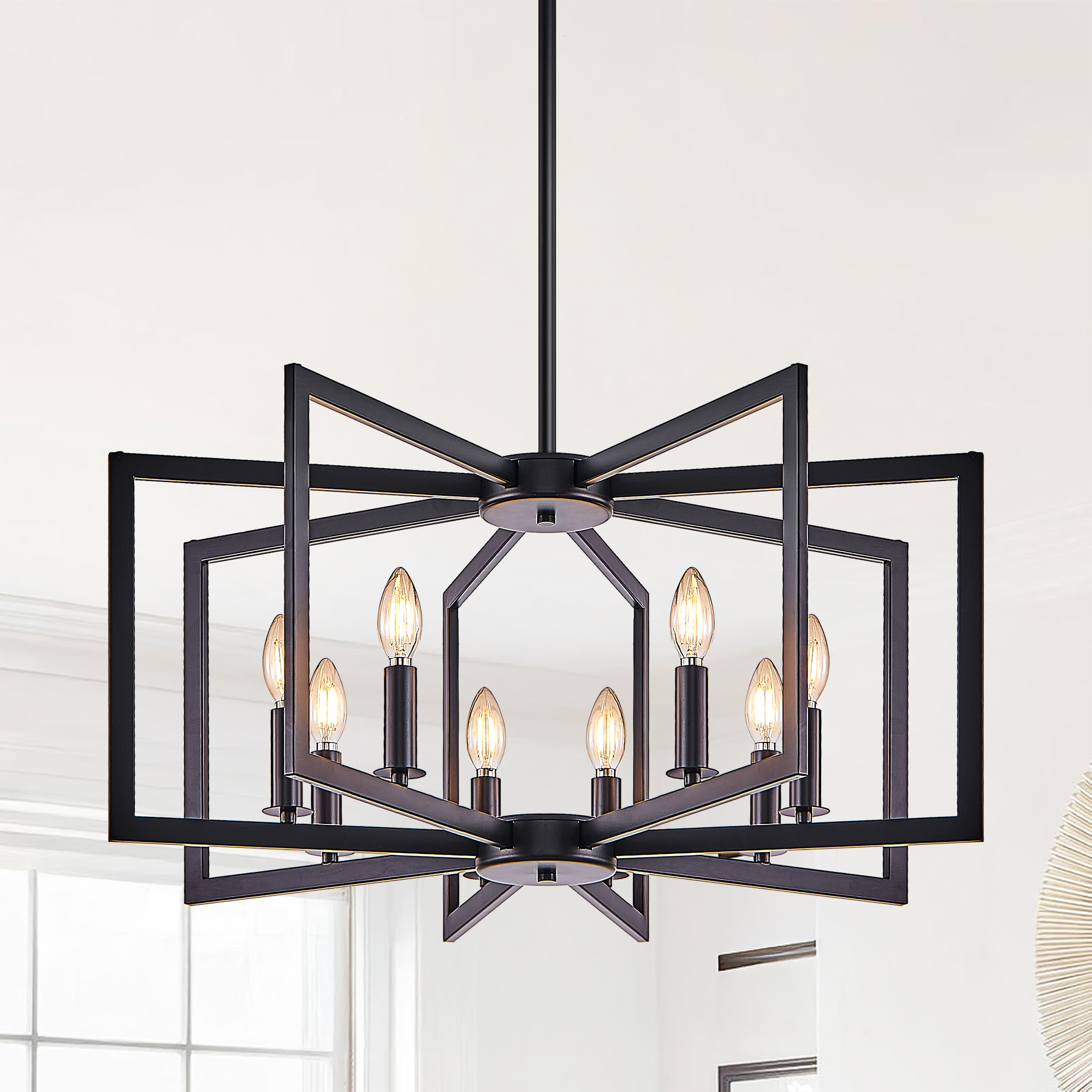 27" Modern Black Geometric 8-Light Chandelier – Industrial Metal Pendant Light Fixture…