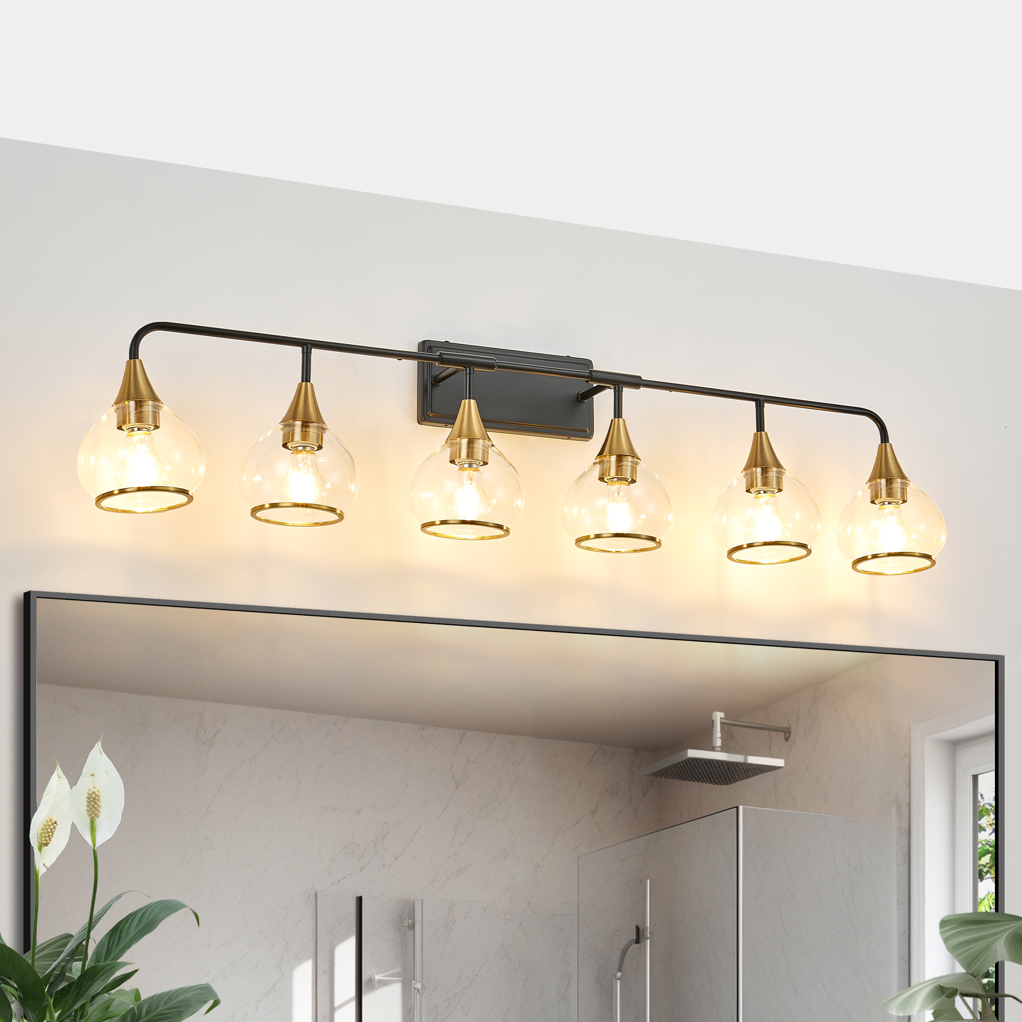 48" Modern 6-Light Vanity Wall Sconce - Black and Gold Bathroom Light Fixture with Clear…