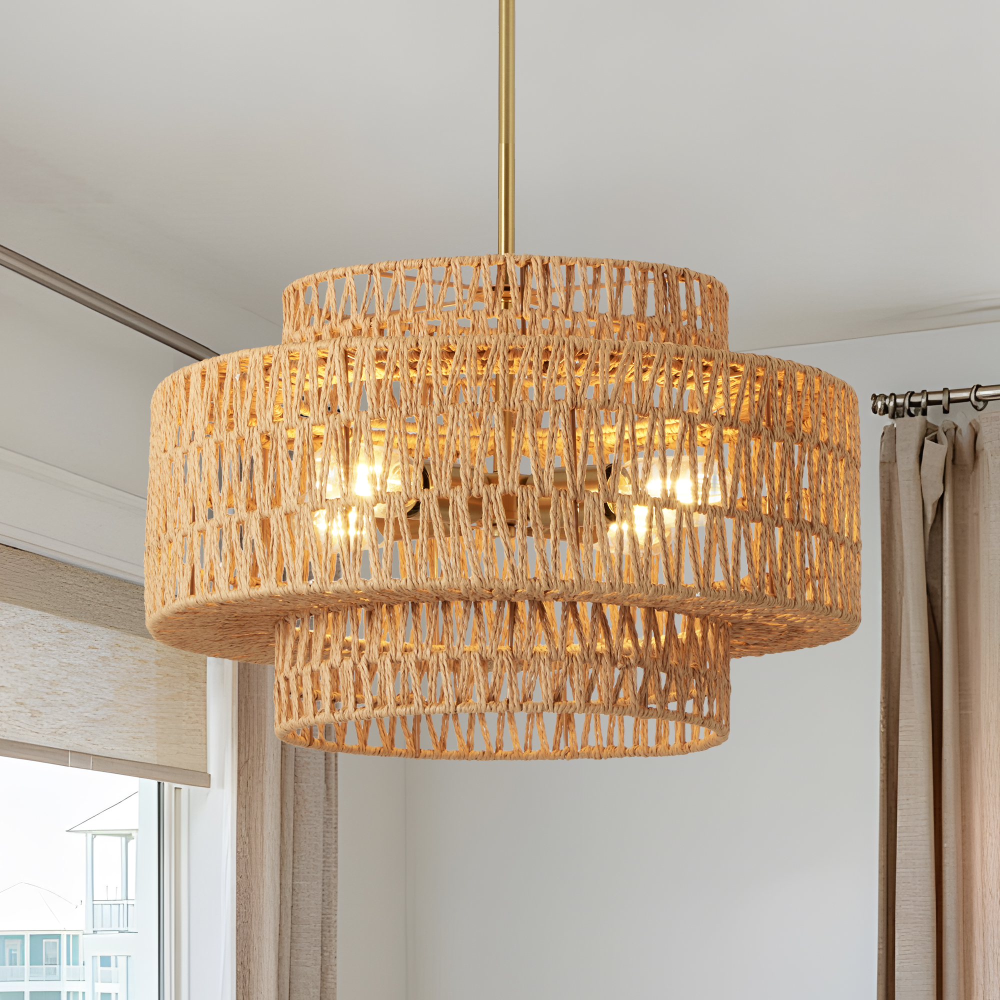 17.7" Boho Rattan Chandelier for Dining Room Light Fixture, 4-Light Hand Woven Wicker…