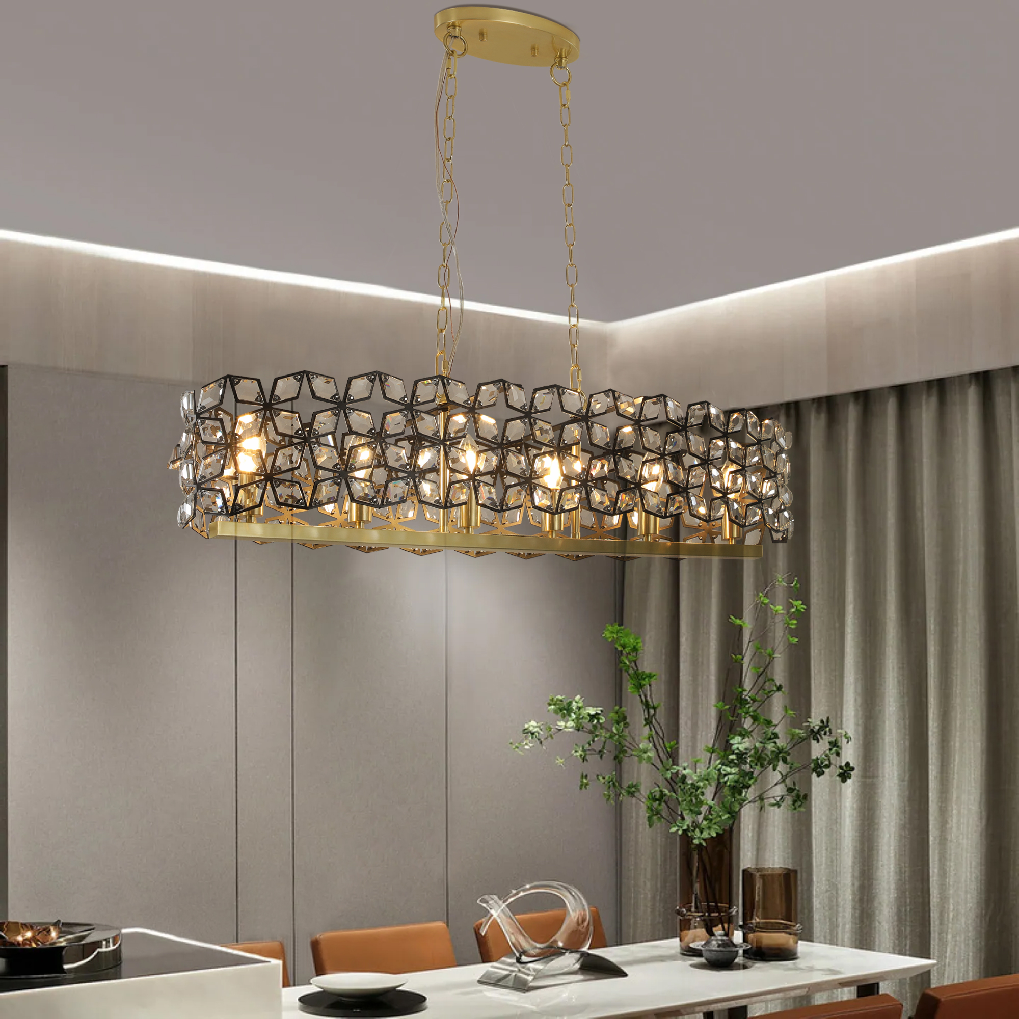 39" Contemporary Crystal and BlackGold Pendant Chandelier – Geometric Modern Light…