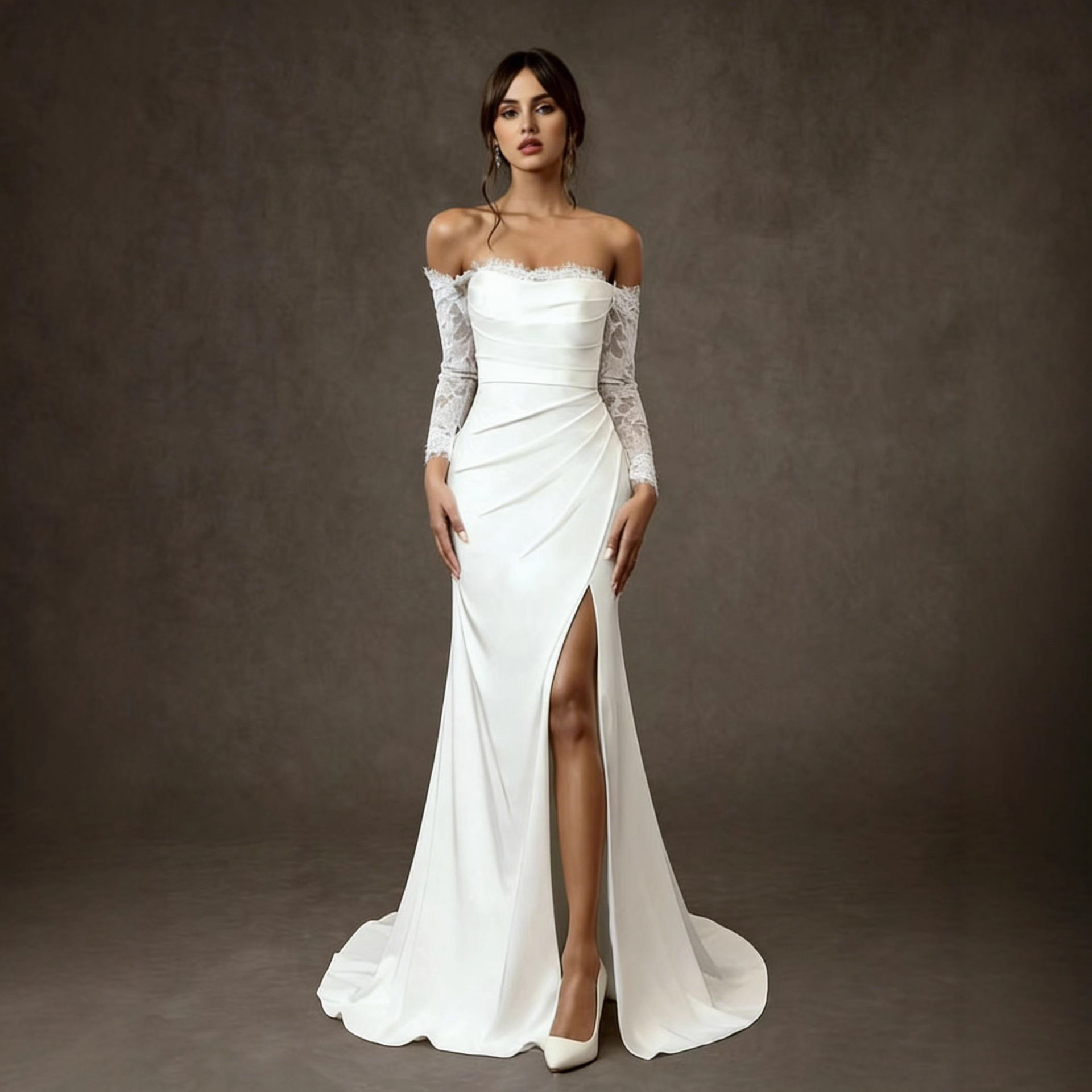 One-shoulder Lace Long-sleeve Light Wedding Dress