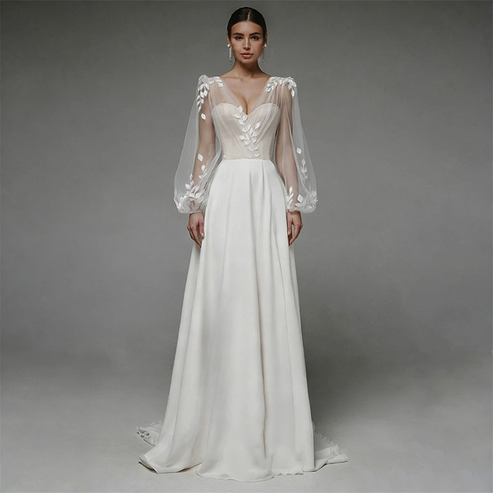 V-neck Sheer Bubble Long-sleeve Three-dimensional Floral Satin Wedding Dress