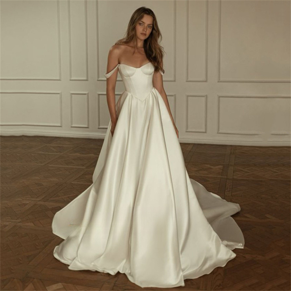 Satin Bridal Gown French-style Off-the-shoulder Strapless Design For Women