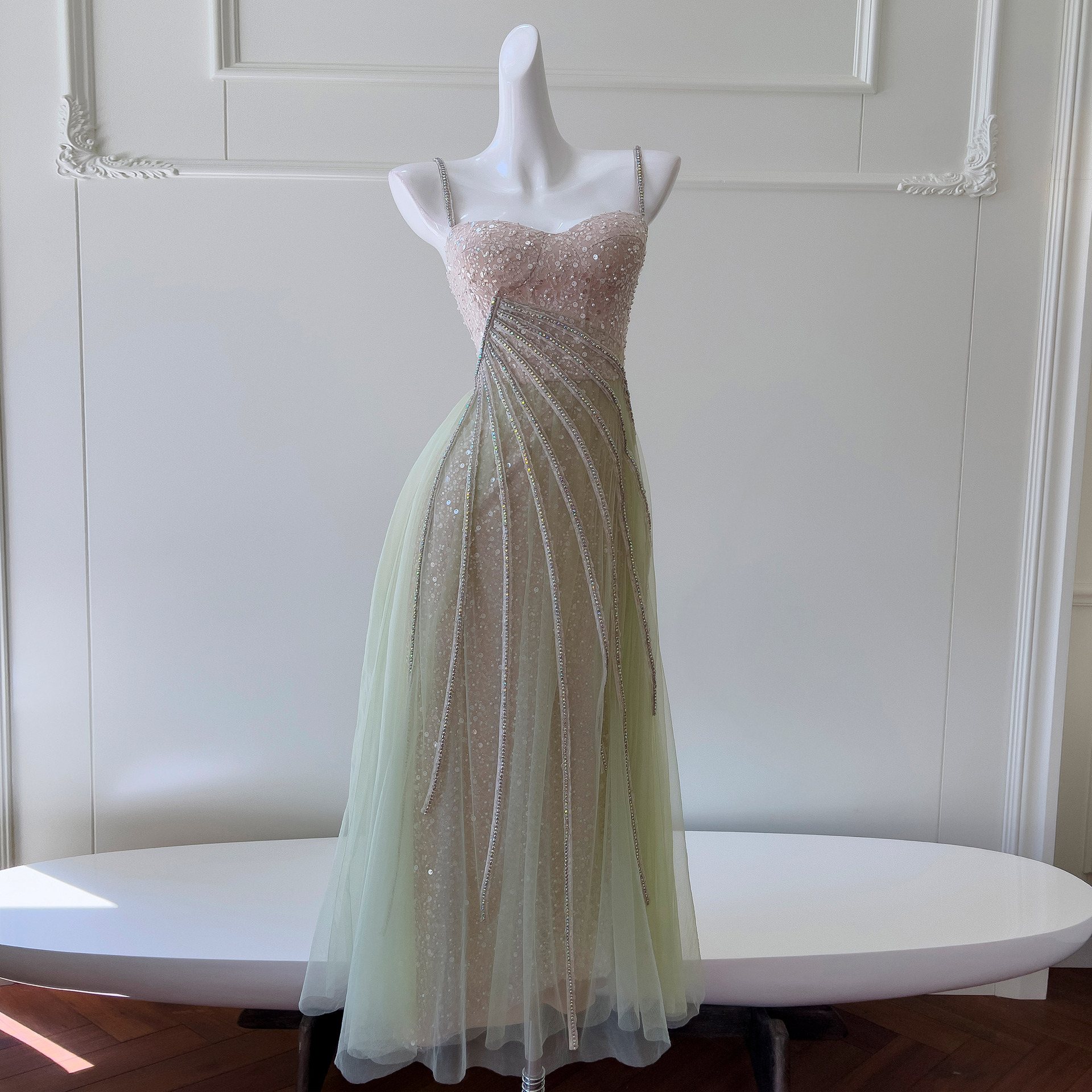 Pale Emerald Green Long-line Waist-cinching Strap Dress