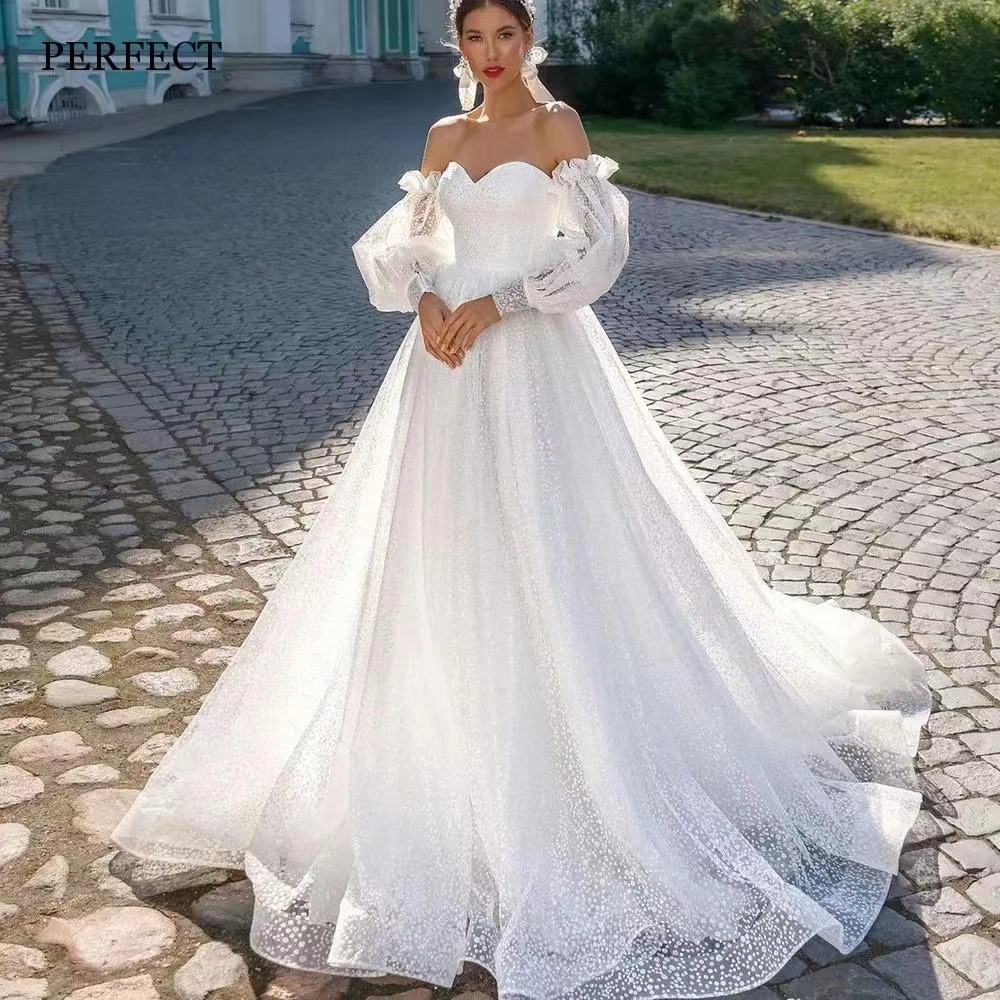 Off-shoulder Lightweight Wedding Dress That Flatters The With A Trailing Train