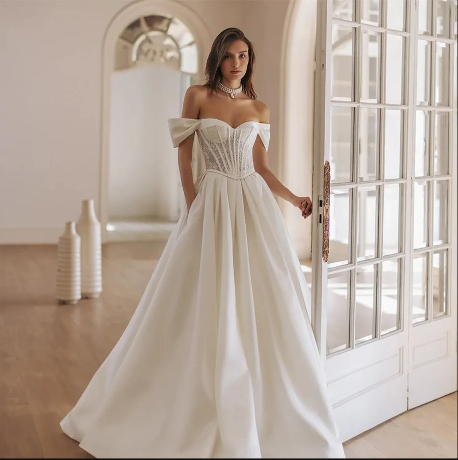 European And American Off-the-shoulder Satin Wedding Dress With Lace For Weddings