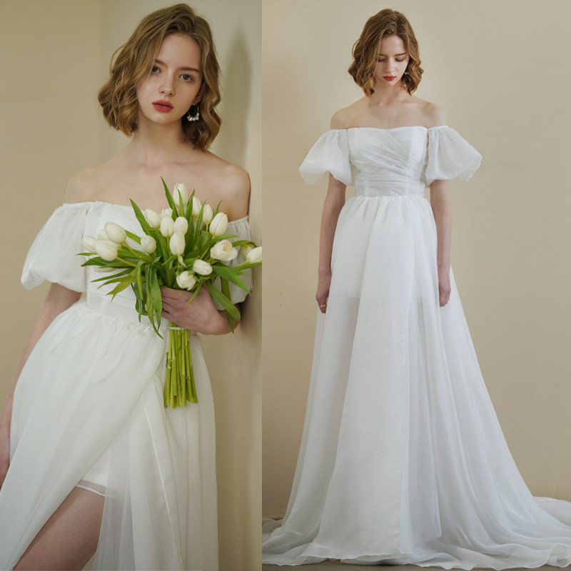 Off-the-shoulder Lightweight Wedding Dress With A Minimalist Chiffon Design And An…