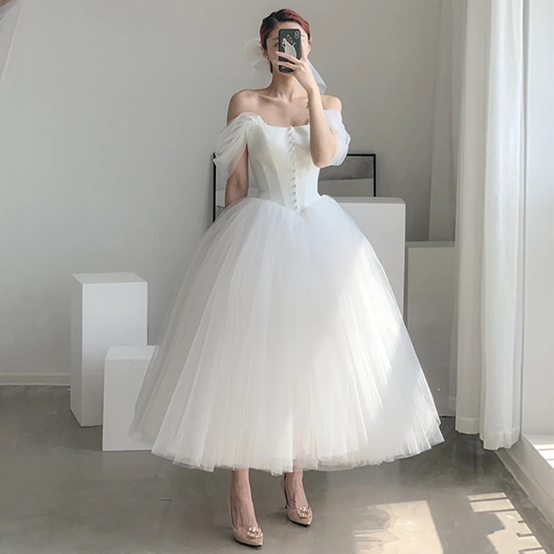 French-style Off-shoulder Light Wedding Dress Midi Length
