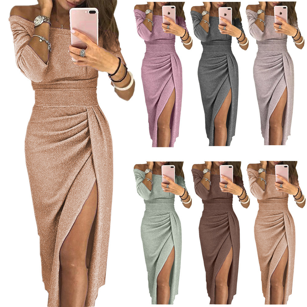 European And American Lady Hip Slit One-line Collar Dress Shiny Dress Dinner Dress