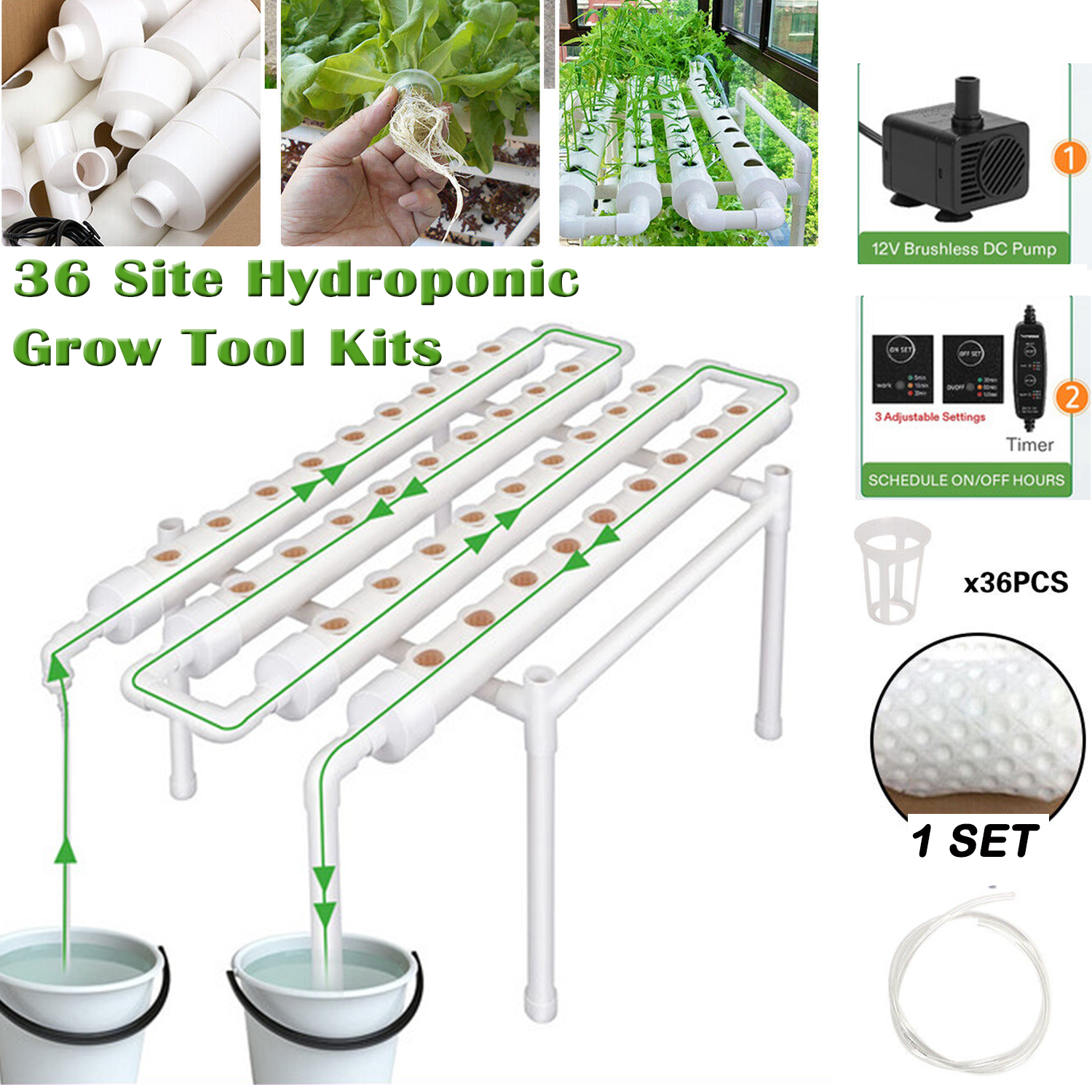36 Sites Hydroponic Grow Tool Kits Vegetable Garden System Home Water Pump PVC