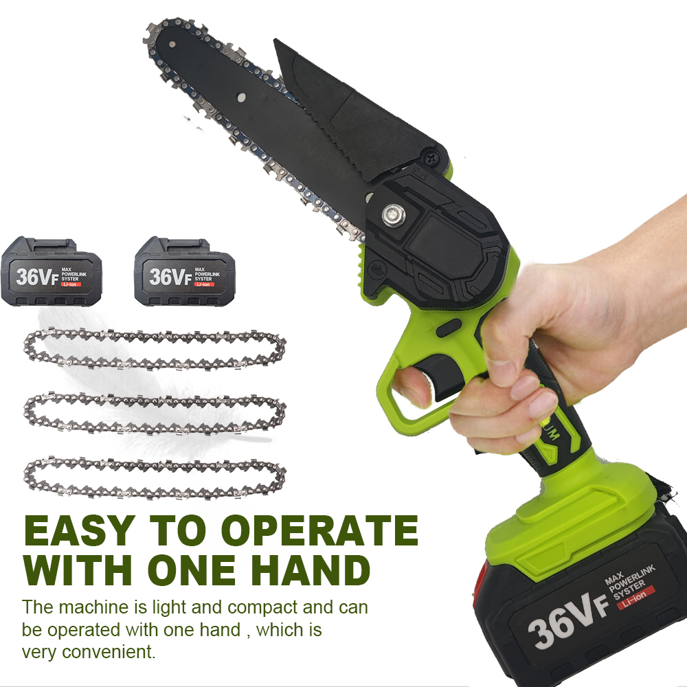 6in Mini Green Cordless Electric Chainsaw 2X Battery-Powered Wood Cutter Rechargeable