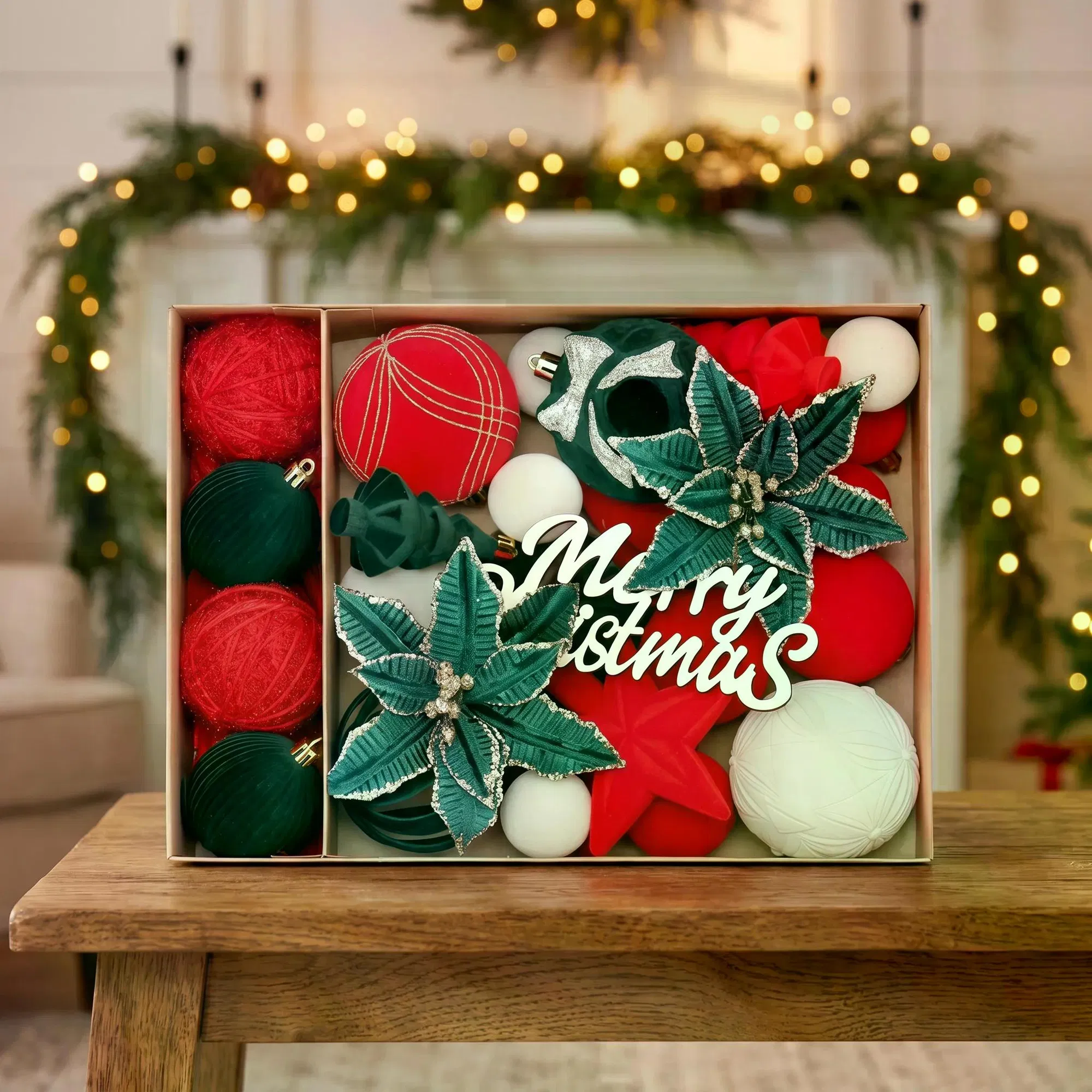 38-Pack Velvet Christmas Tree Ornaments Set, Plush Flocked Christmas Balls, Poinsettia…