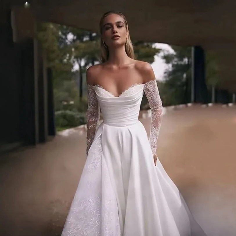 Long Sleeve Off Shoulder Wedding Dress Elegant Train Bridal Gown For Ceremony Reception