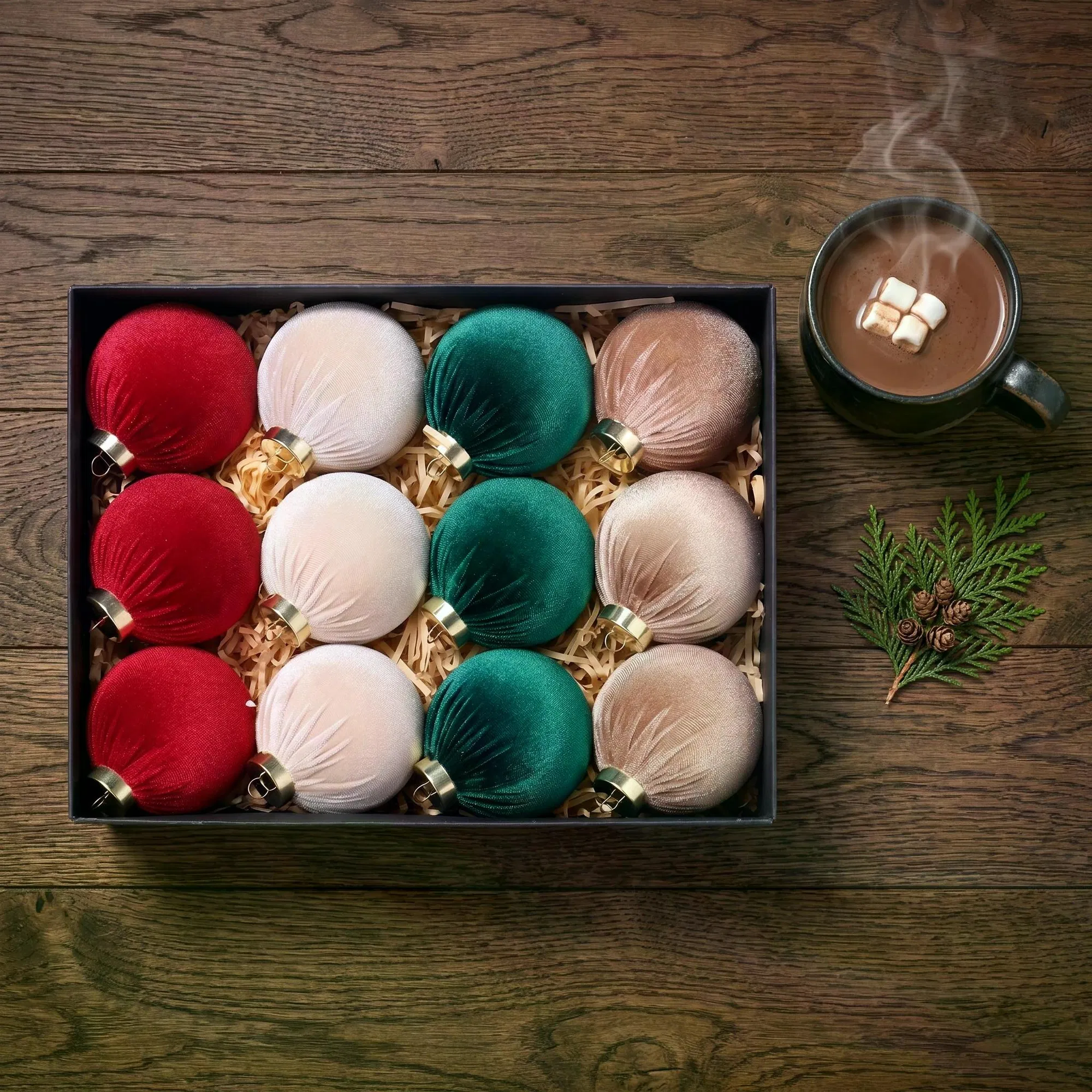 12-Pack Velvet Christmas Baubles Set, 80mm (3.15inch) Fabric Wrapped Xmas Balls, Red…