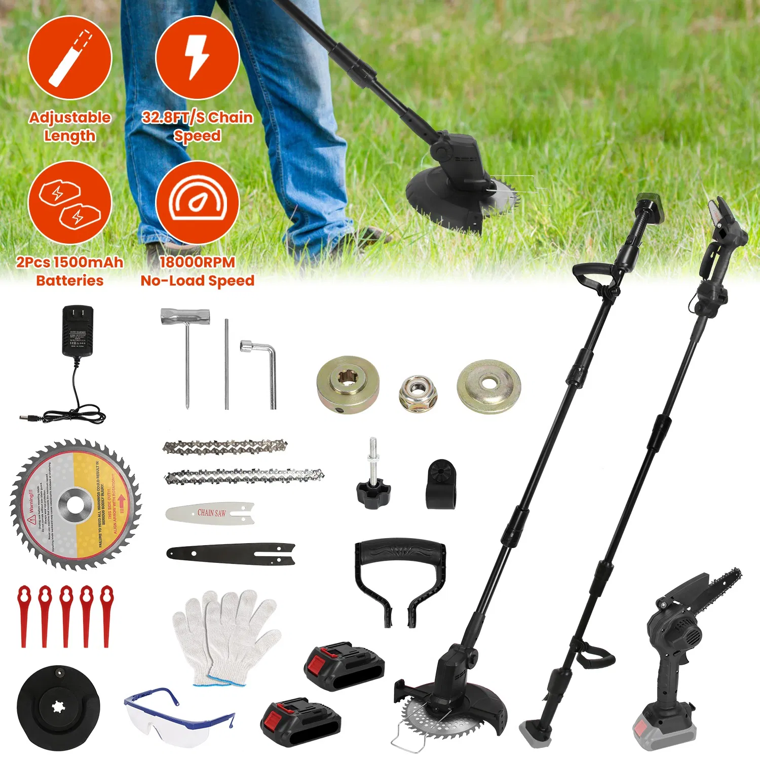 Cordless 3-in-1 Pole Saw/Mini Chainsaw/Grass Trimmer - 21V 1500mAh x2 Batteries, 4/6in…
