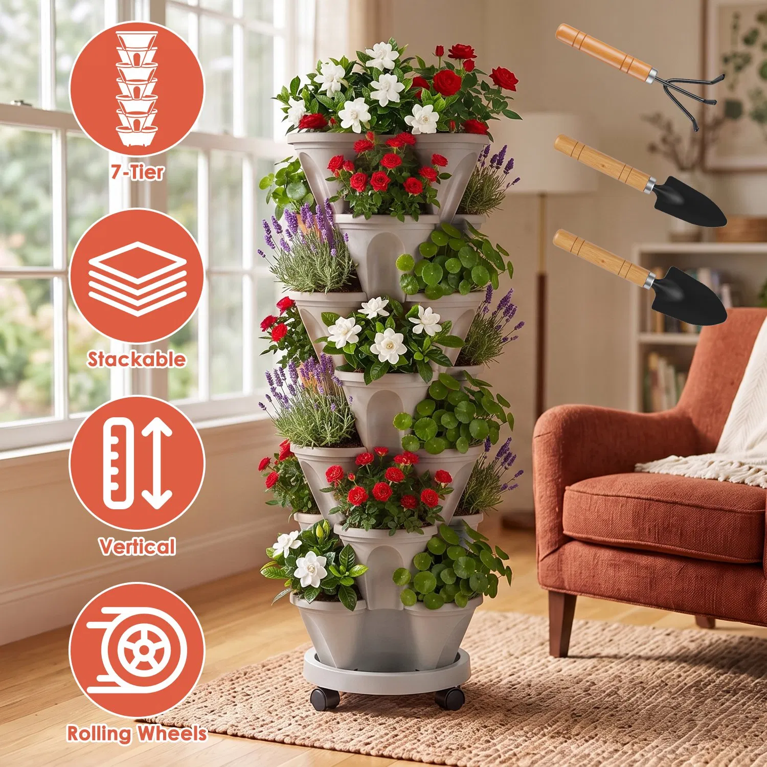 7-Tier Vertical Stackable Planter Tower with Casters, Space-Saving Stack-Up Garden Pots…