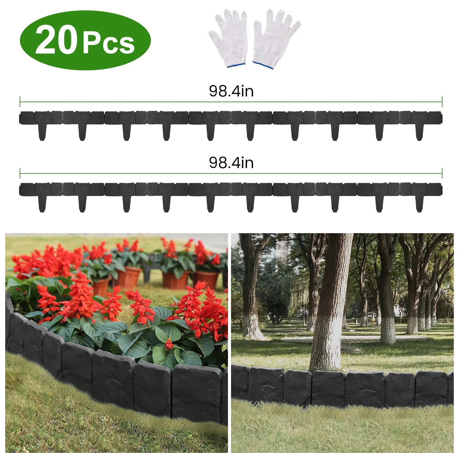 20-Piece 16ft Plastic Garden Edging, Cobblestone-Style Flexible Interlocking Landscape…