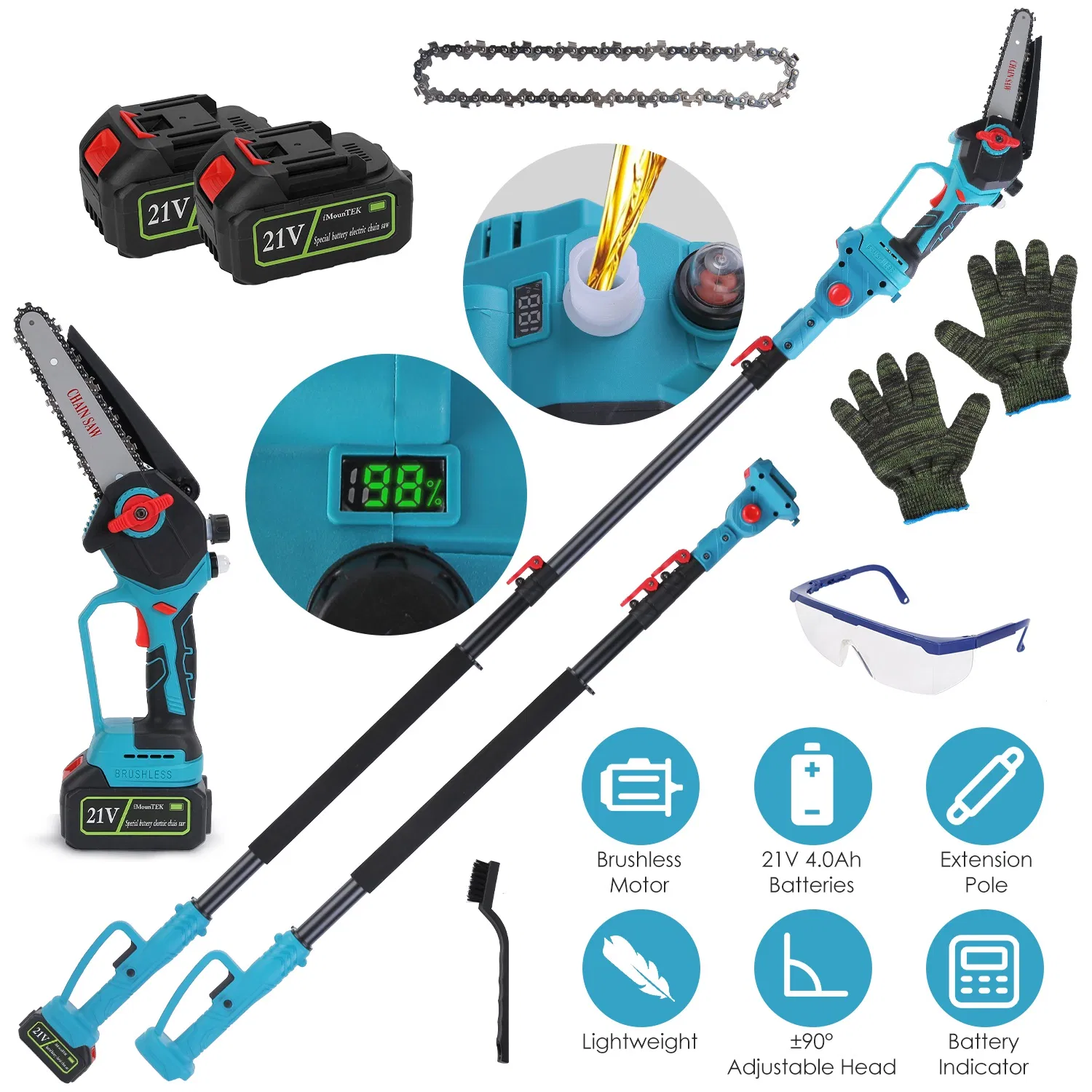 Extendable Cordless Pole Saw (5.3-7.4FT, Reach 13FT), 2-in-1 Handheld Chainsaw with ±90°…