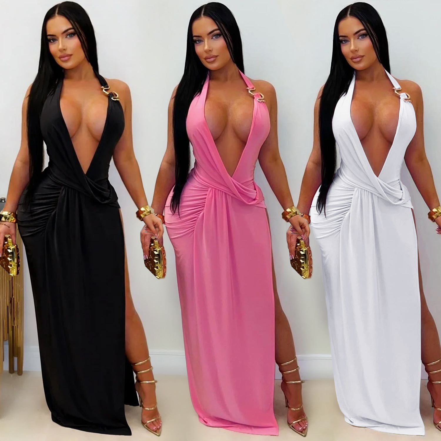 European And American Fashion Women's Sexy Deep V Halter Backless Bodycon Dress