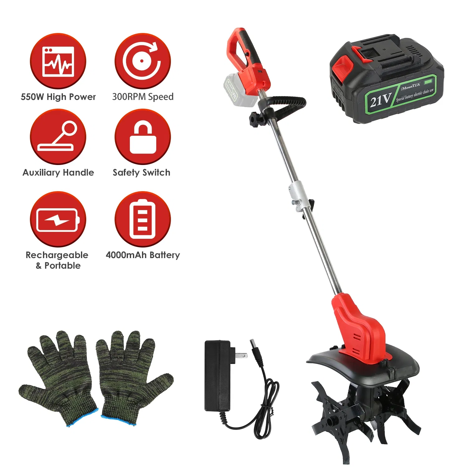 Portable Cordless Electric Tiller - 550W 300RPM Power, 16 Steel Tines, 4000mAh Battery…