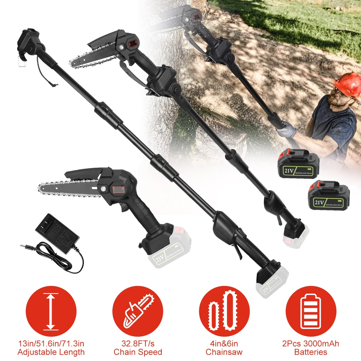 2-in-1 Electric Pole Saws for Tree Trimming, 6 Inch Mini Chainsaw Cordless with Extension…