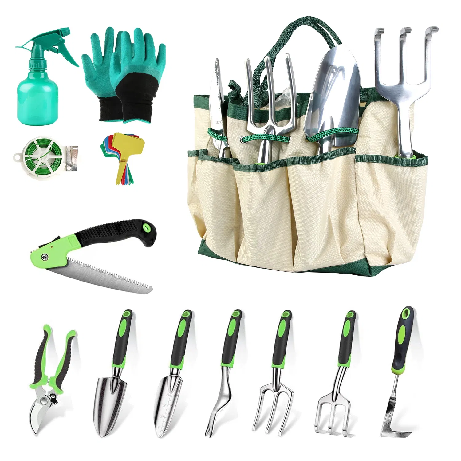 Aluminum Alloy Gardening Hand Tools 13-Piece Set, Multi-Function Garden Kit with Oxford Carry Bag, Plant Tags, Pruning Shears for Planting, Weeding & Outdoor Yard Maintenance