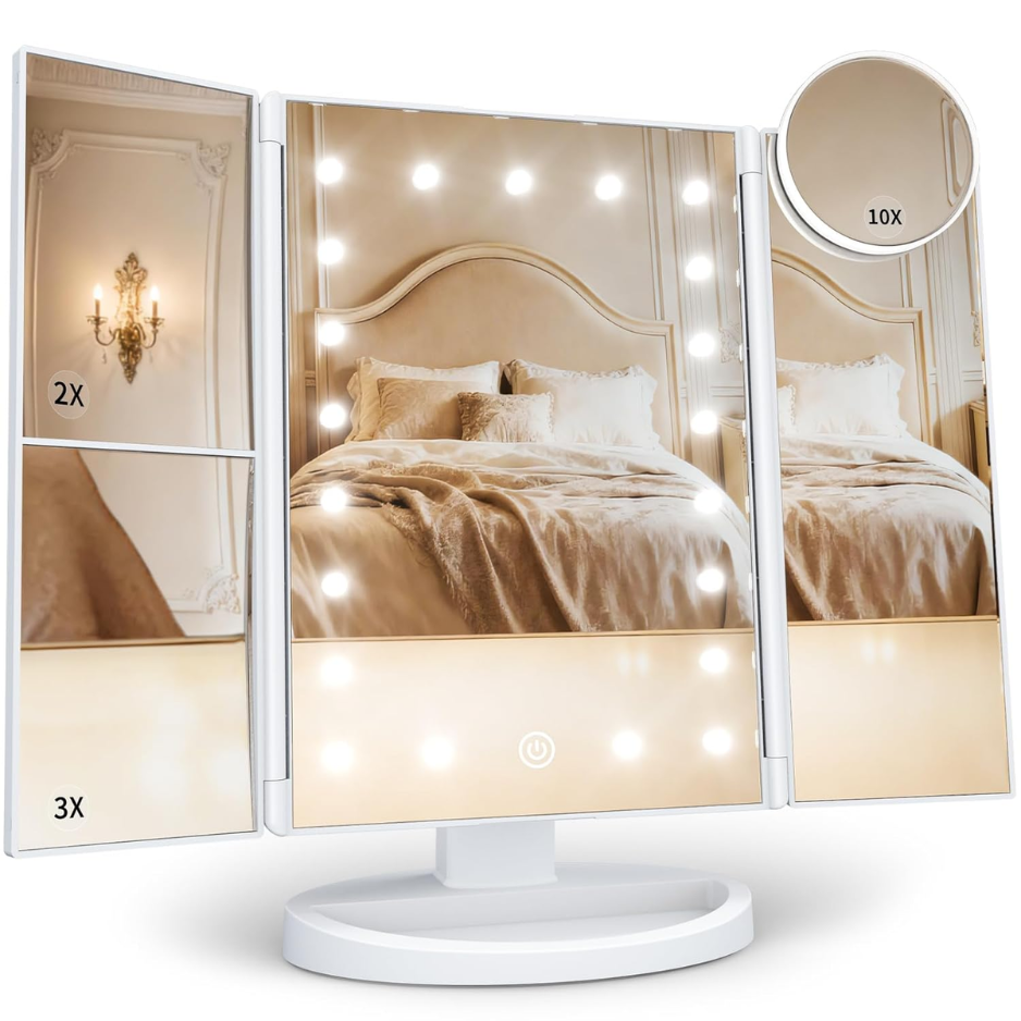 Magnifying Vanity Mirror With Light, Trifold Makeup Mirror Touch Dimming, Dual Power…