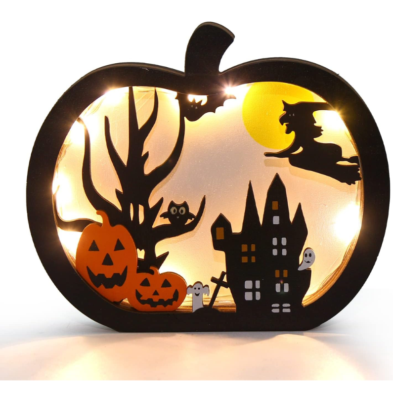 Halloween Wooden Table Sign, Light Up Pumpkin Table Centerpiece Topper For Halloween
