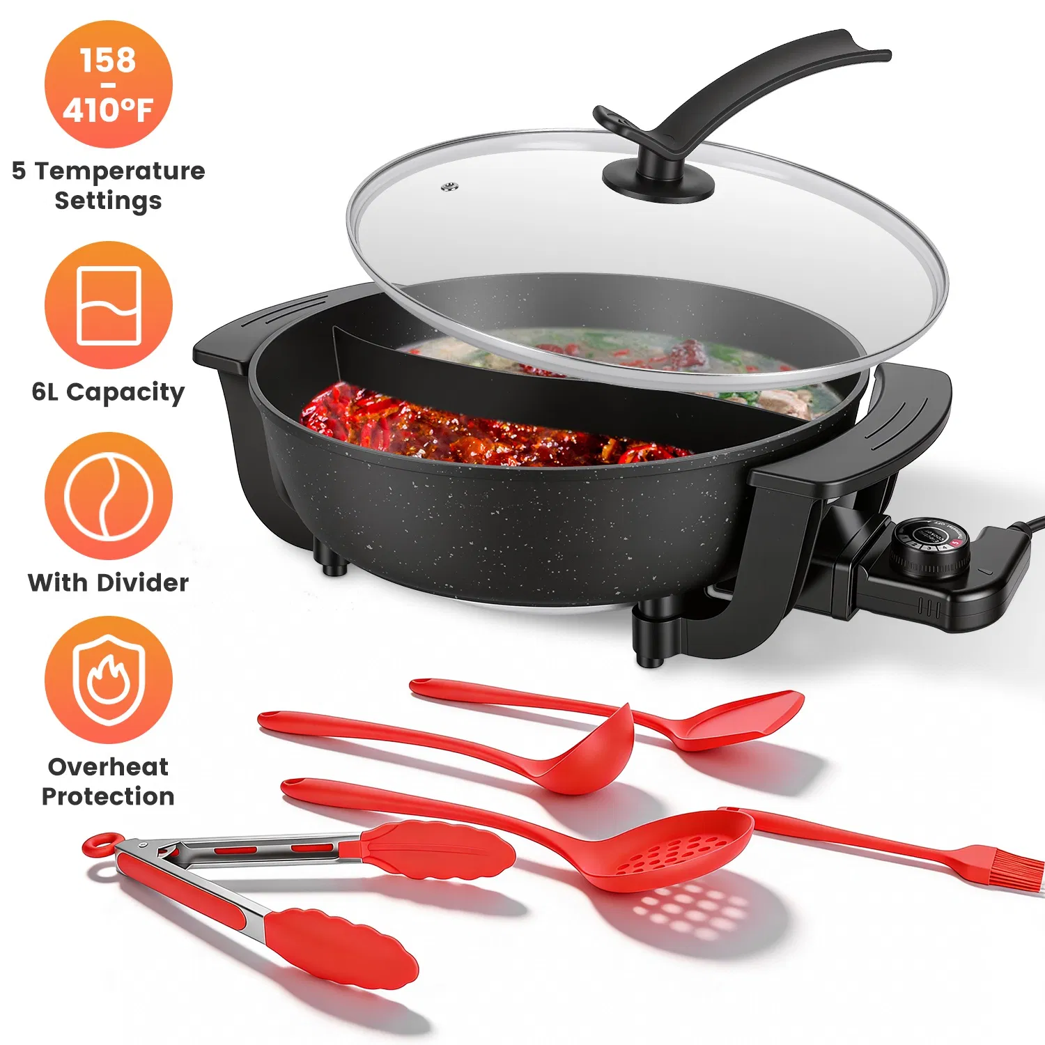 6L Electric Hot Pot with Divider 1100W Dual-Flavor Pot Shabu Pot Non-Stick with 5-Temp…