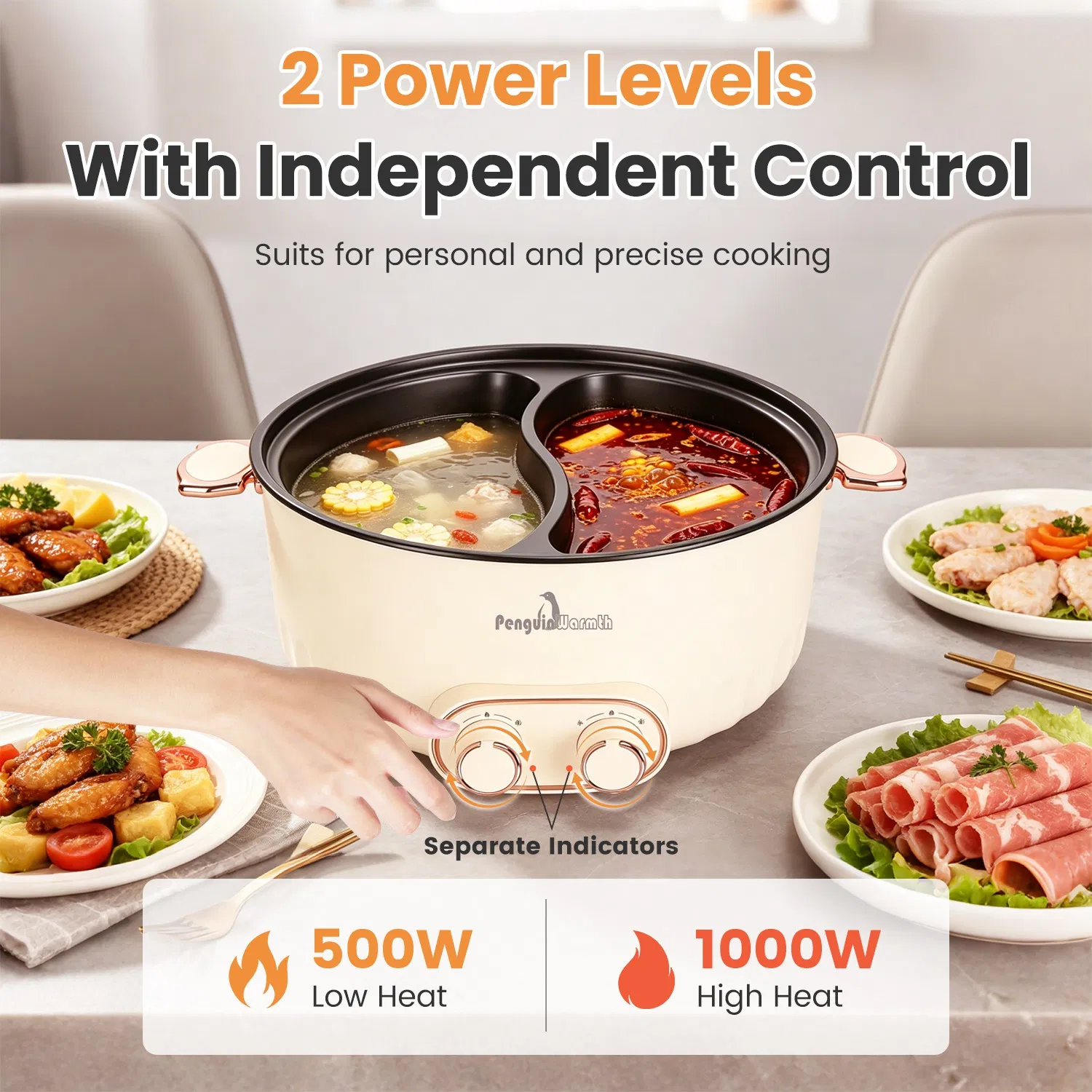6L/1.59Gal Electric Hot Pot with Divider and Lid 2000W Stainless Steel with 2 Heat…