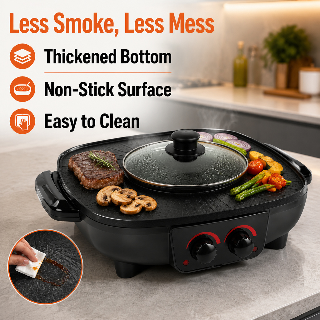 2-in-1 Electric Hot Pot BBQ Grill, Non-Stick Smokeless Frying Pan With Adjustable Temp…