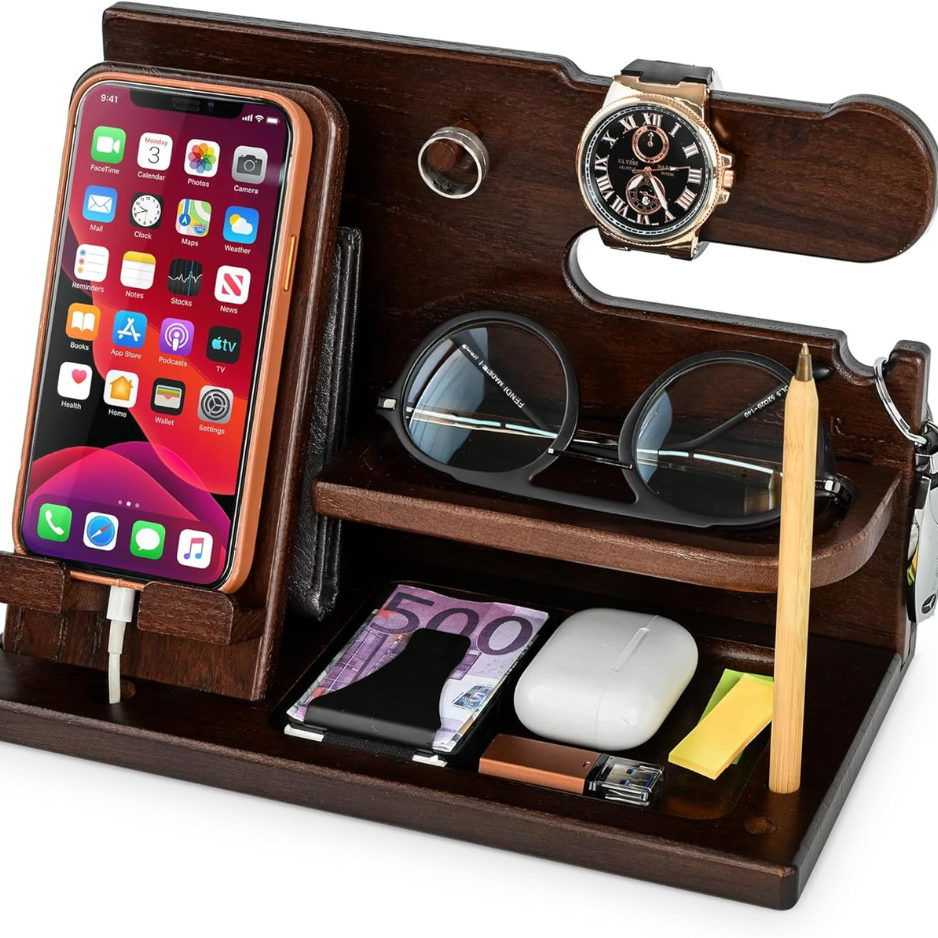 TESLYAR Wood Phone Docking Station For Men - Desk Or Nightstand Organizer - Birthday…