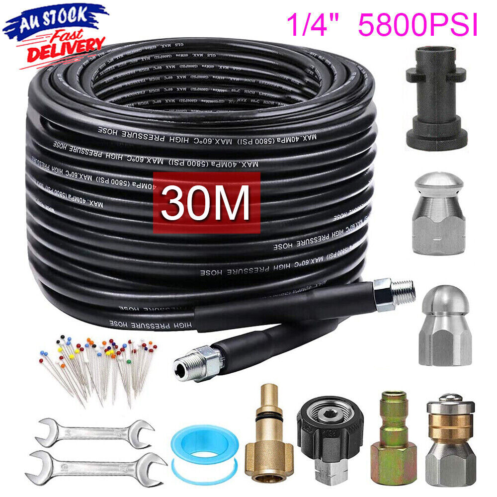 30M Sewer Jetter Kit For Pressure Washer Cleaner Hose 5800PSI NPT 1&4 Hose