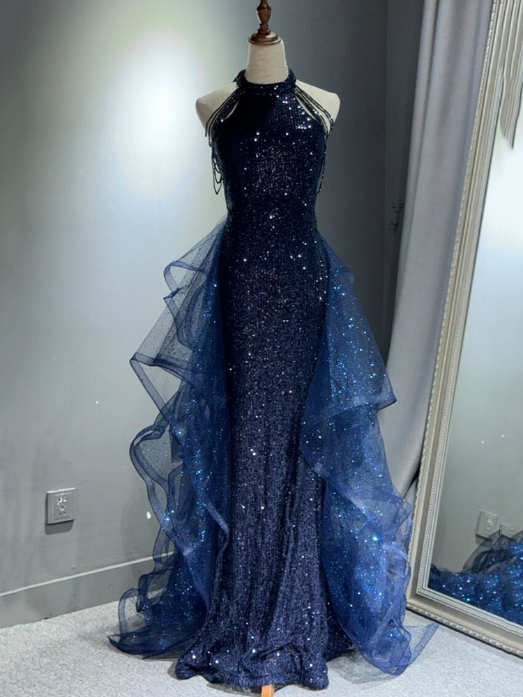 Sequin Halter Beaded Strap Mermaid Ruffle Tulle Train Evening Gown