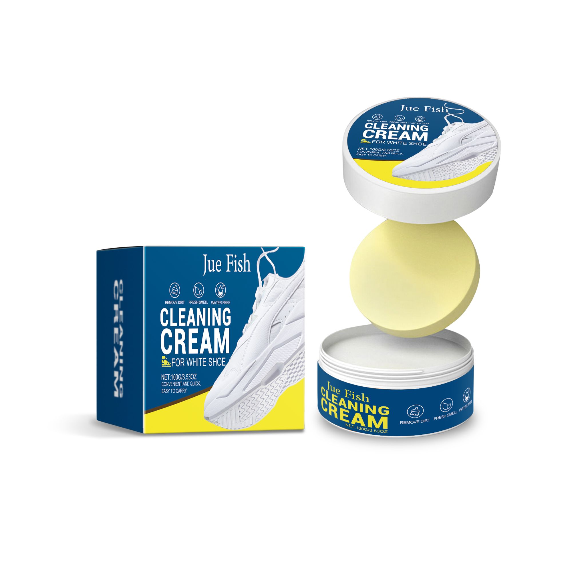 JUE FISH White Shoe Cleaning Cream, 100 g with Sponge