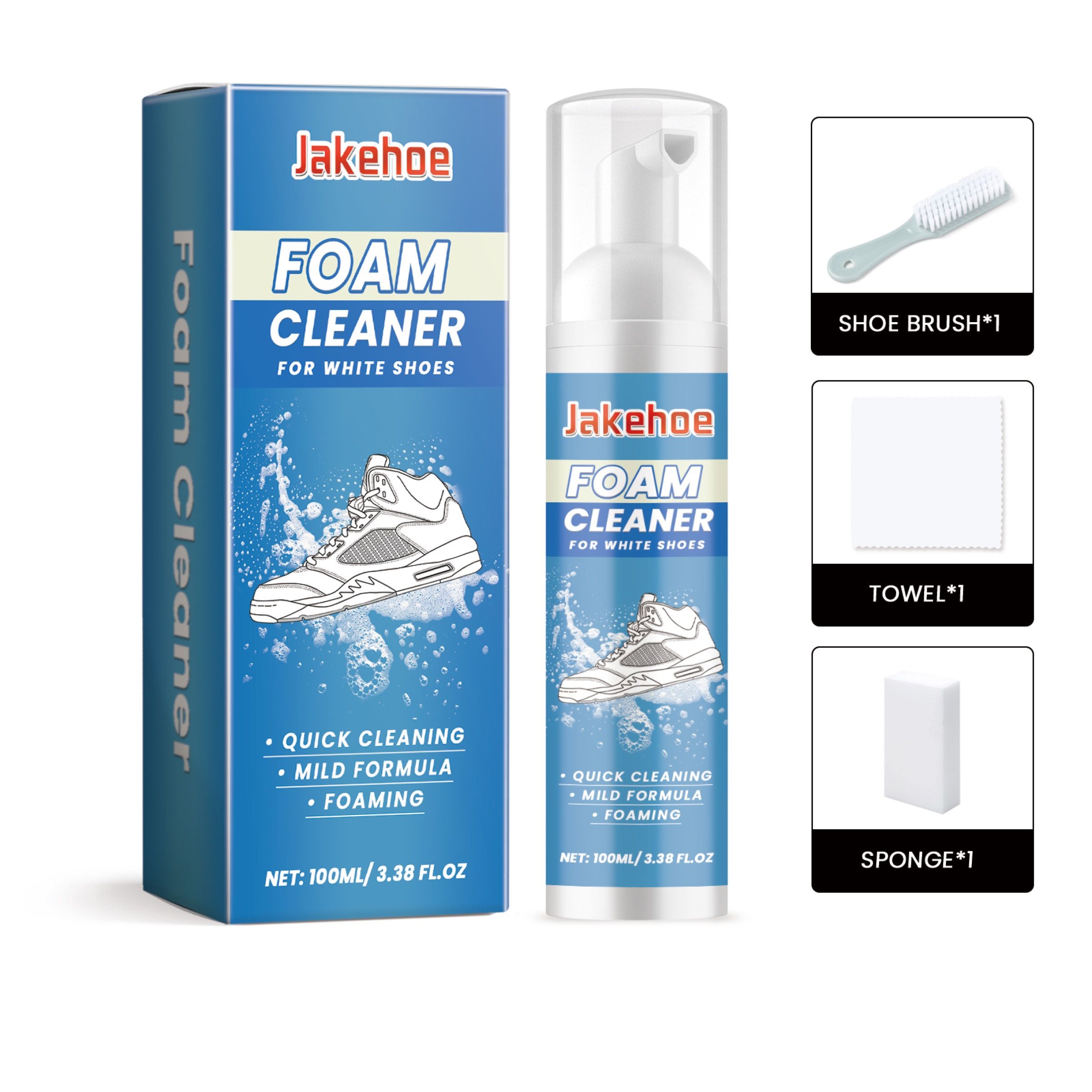 JAKEHOE Shoe Cleaning and Care Kit, 100 ml with Brush, Sponge and Towel