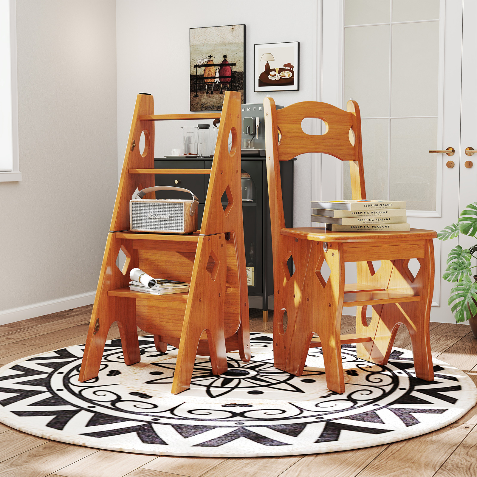 Multipurpose Folding Wooden Library Step Ladder Chair Step High Chair Step Stool