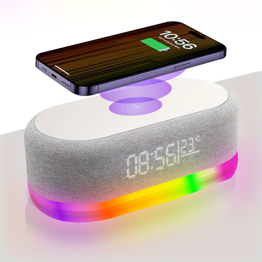 Bluetooth Speaker With 15W Wireless Charging - LED Clock, Alarm, RGB Night Light