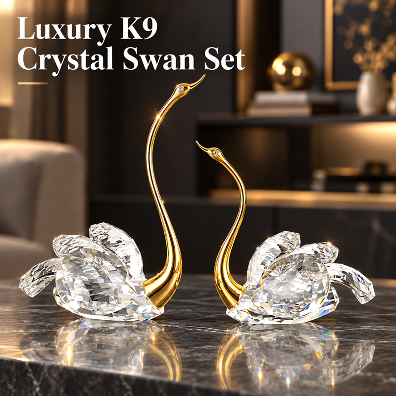 2-Pack Clear K9 Crystal Swan Figurines With Gold Neck, Hand Cut Faceted Sparkling…