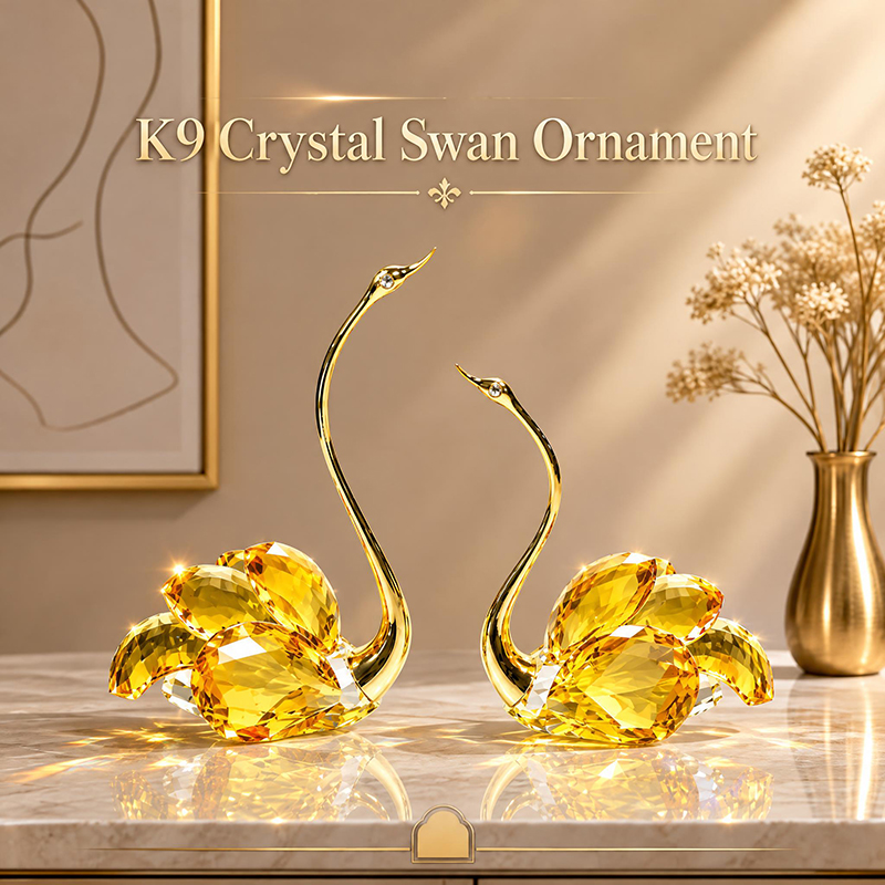 Golden Yellow K9 Crystal Swan Figurines Set Of 2, Faceted Cut Glass Swan Ornaments…