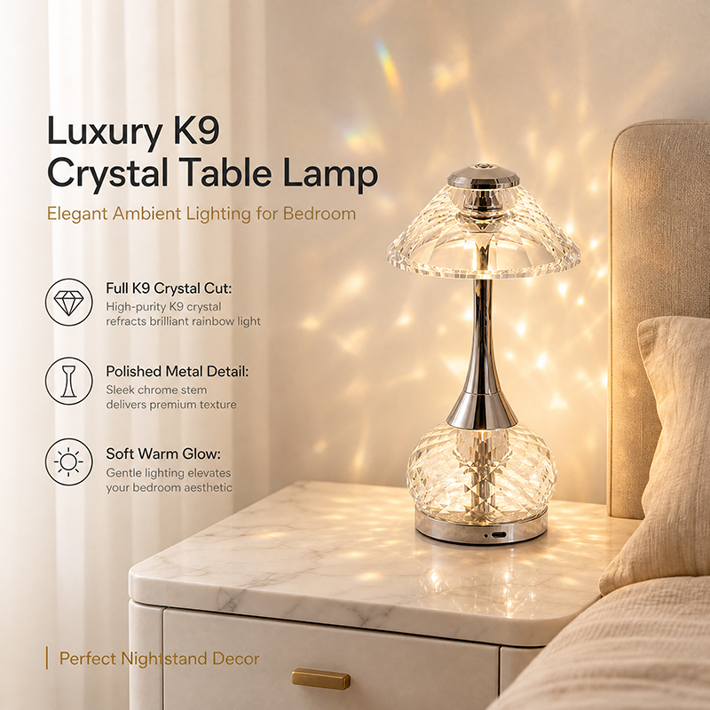 Luxury K9 Crystal Table Lamp Modern Bedroom Nightstand Light