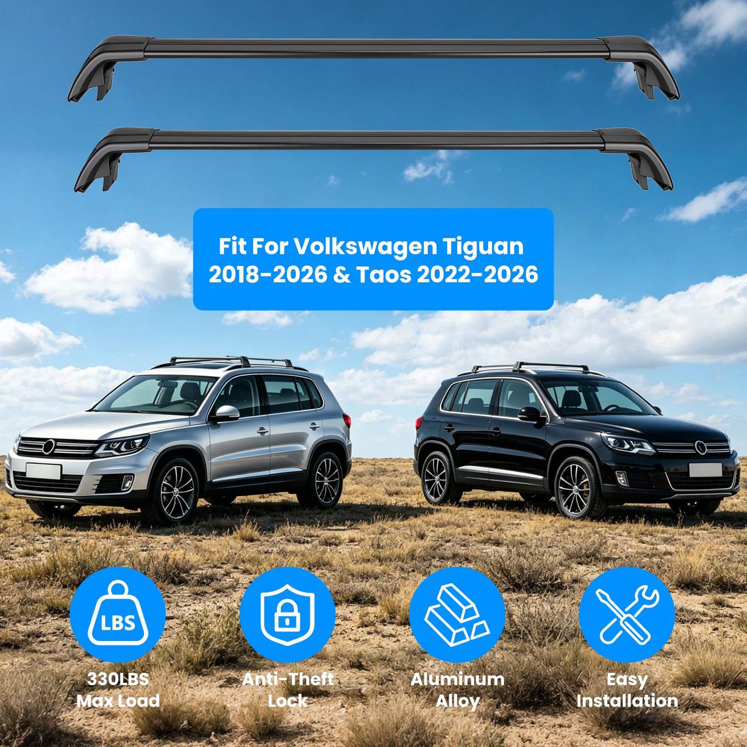 Roof Rack Cross Bars Fit For Tiguan & Taos - With Factory Raised Side Rails Lockable…