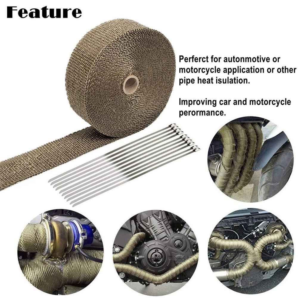 15M 50mm 2mm Heat Resistant Exhaust Wrap Titanium With 10 Stainless Steel Ties